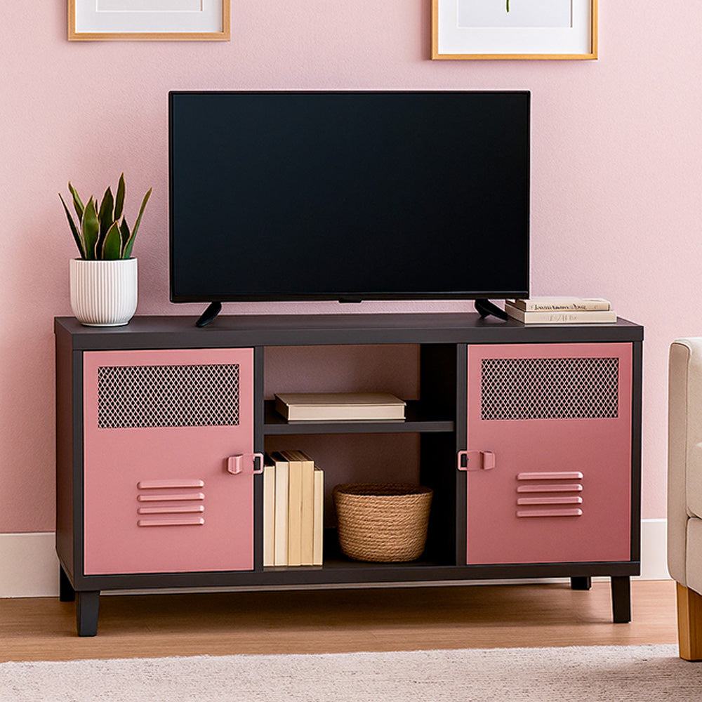 Rack TV Rock Bicolor Cuerpo Negro Puertas Rosadas