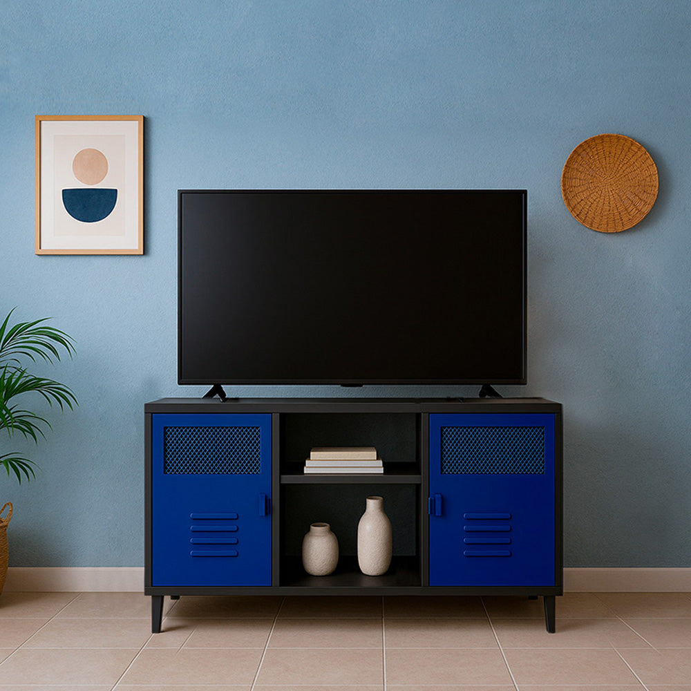 Rack TV Rock Bicolor Cuerpo Negro Puertas Azules